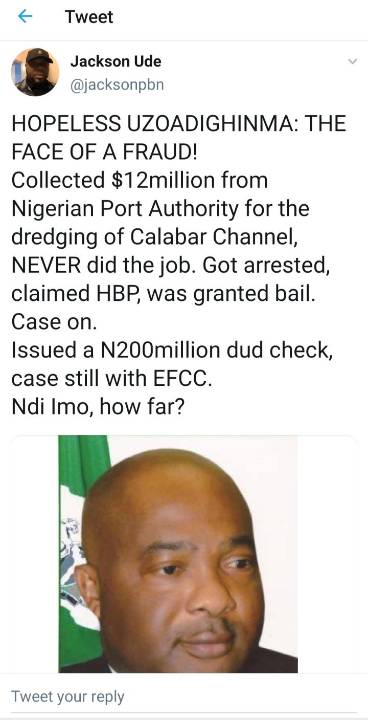 Hope Uzodinma allegedly collected $12M bribe, He issued #200M dud check, Did Mbaka see all these? - Jackson Ude