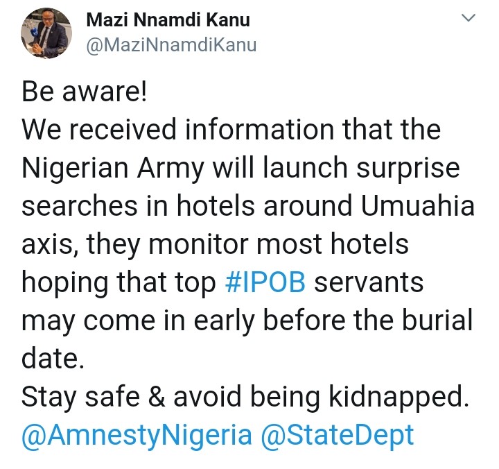Army Search Hotels In Umuahia Ahead Of My Parents' Burial, Nnamdi Kanu Claims