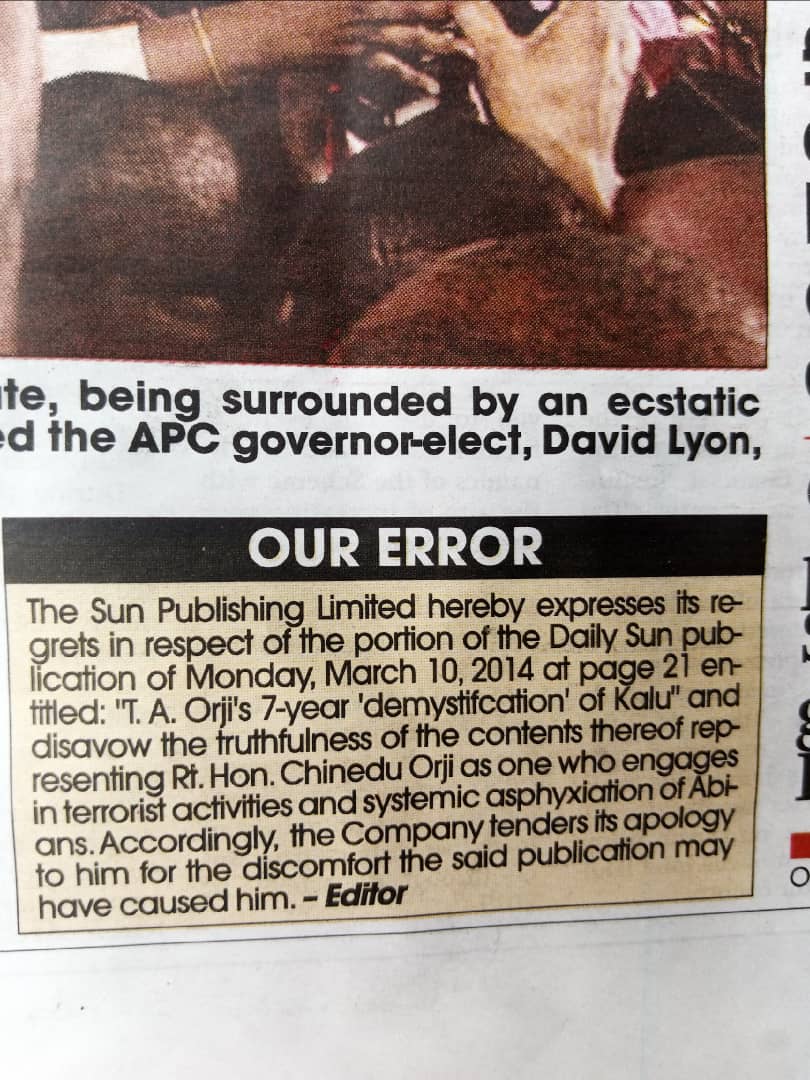 Sun Newspaper apologises to Abia Speaker 7 years after libelous publication