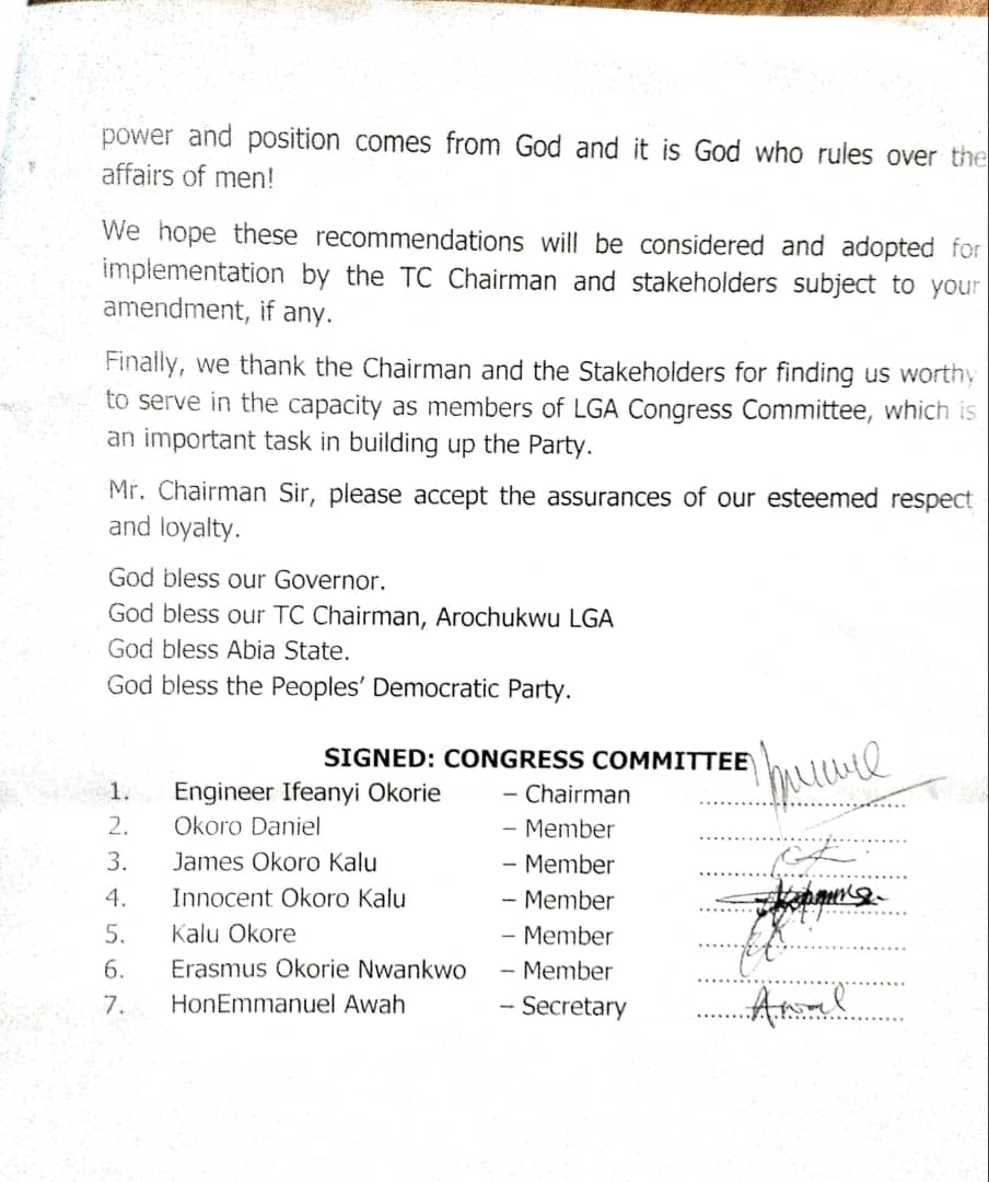 Arochukwu PDP Stakeholders Meets To Reposition Party Defines A Leader in the LGA [SEE ATTACHED DOCUMENTS]