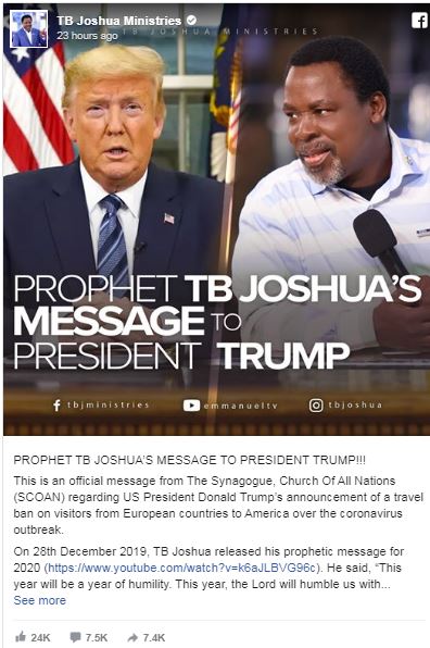 T.B Joshua Reveals What Will Happen To America Over Coronavirus, Warns Trump