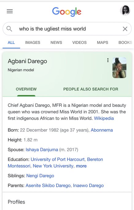 Nigerians Fume As Google Shows Agbani Darego As ‘Ugliest Miss World'