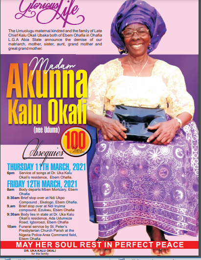 100-Year-Old Madam Akunna Okali Set For Burial On Friday