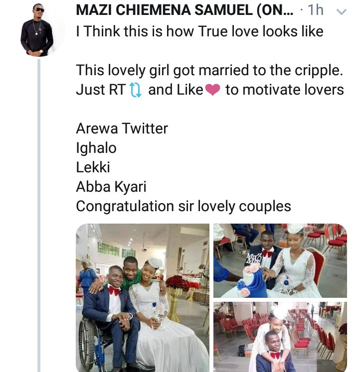 "True love" Twitter users react as woman marries a man in a wheelchair in Lagos