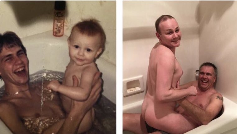 Woman and her father go naked to recreate photo they took years ago and Twitter users are not impressed