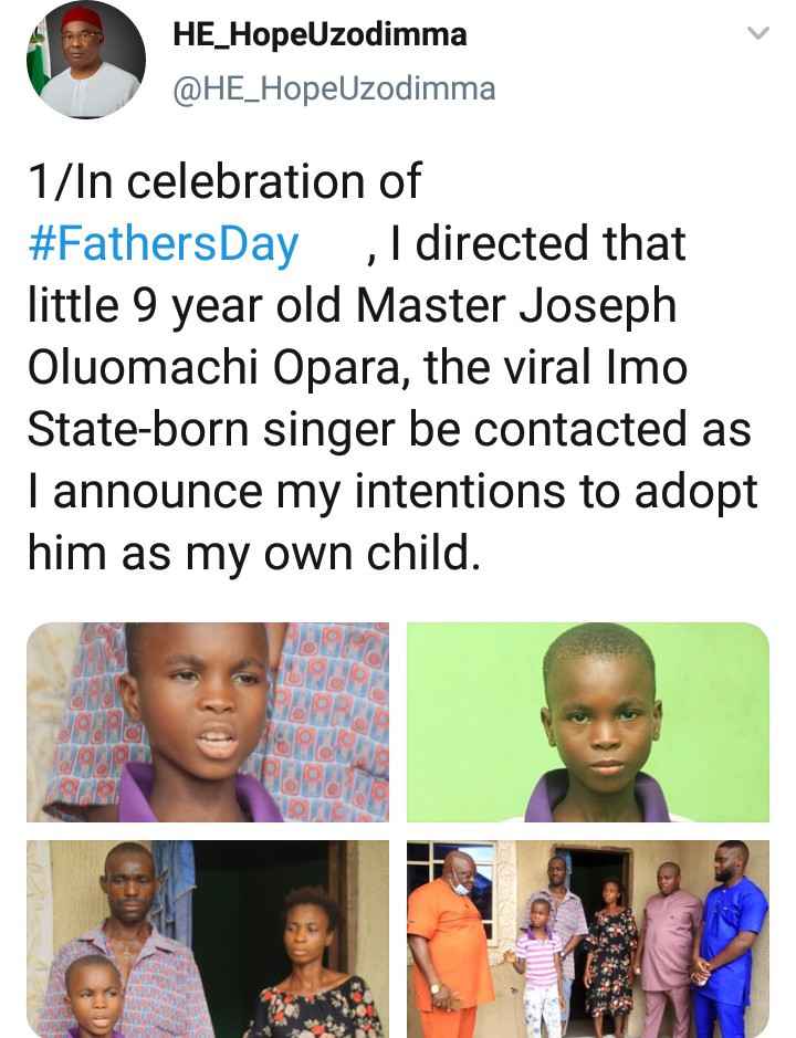 Imo State Governor, Hope Uzodinma adopts 9-year-old singer whose video went viral