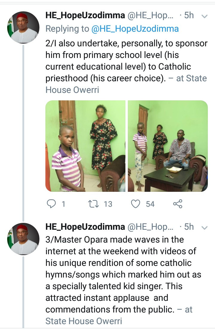 Imo State Governor, Hope Uzodinma adopts 9-year-old singer whose video went viral