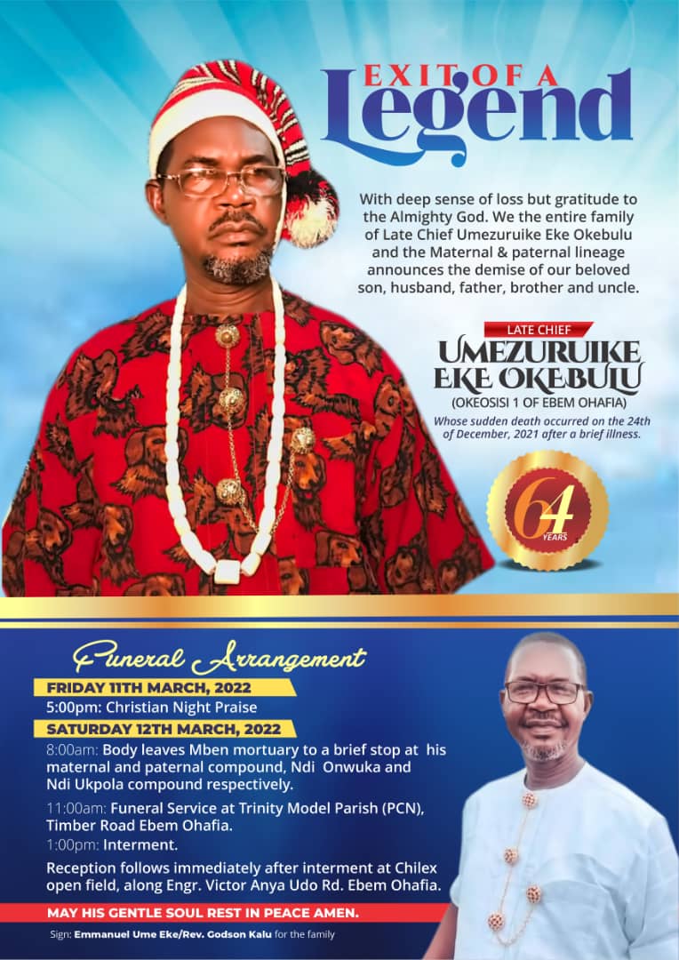 SAD! Ekeson Set For Burial March 12 In Ebem Ohafia [SEE POSTER]