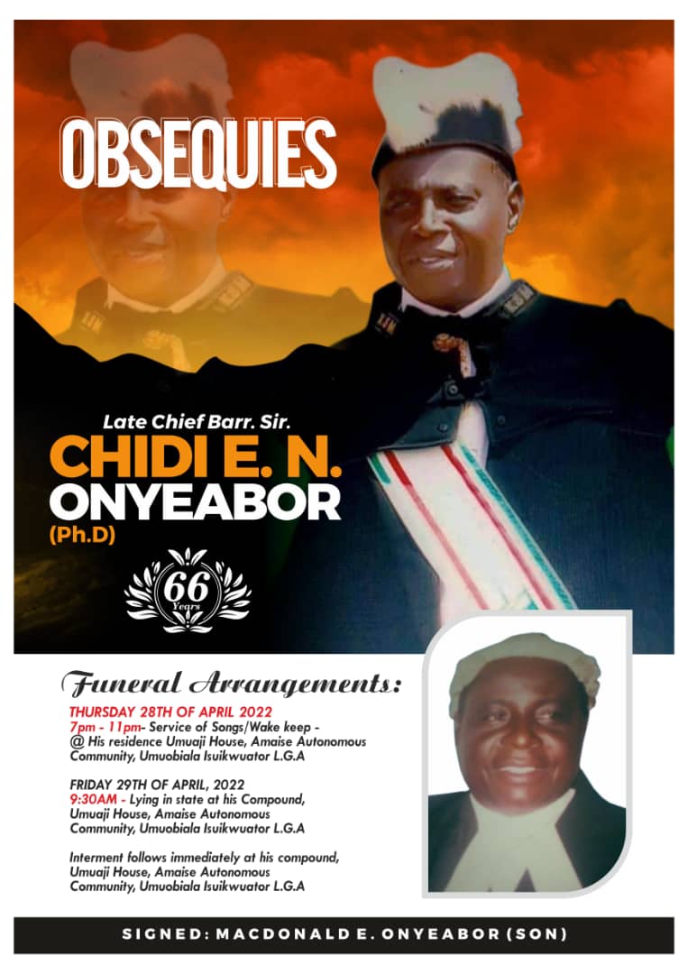 66-Year-Old Chief Barr. Chidi Onyeabor For Burial April 29 [SEE POSTER]