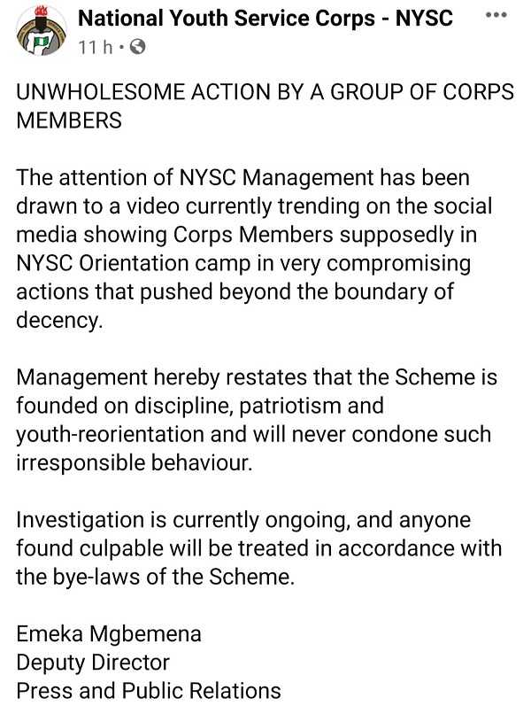 NYSC Threatens Sanctions Against Corps Members In Viral Erotic Video