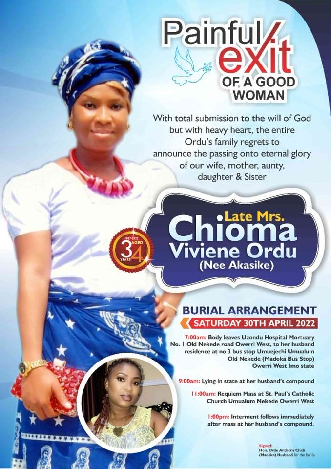 34-Year-Old Mother, Chioma Ordu Who Died During Childbirth Along With Baby Set For Final Burial In Imo [SEE POSTER]