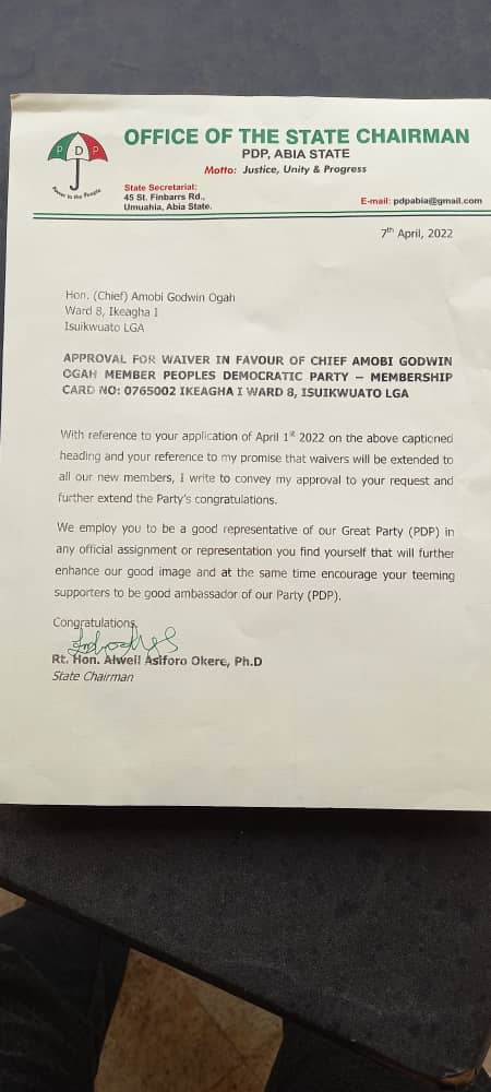 PDP Grants Chief Amobi Ogah Waiver To Seek Election As Reps Member [Document Attached]