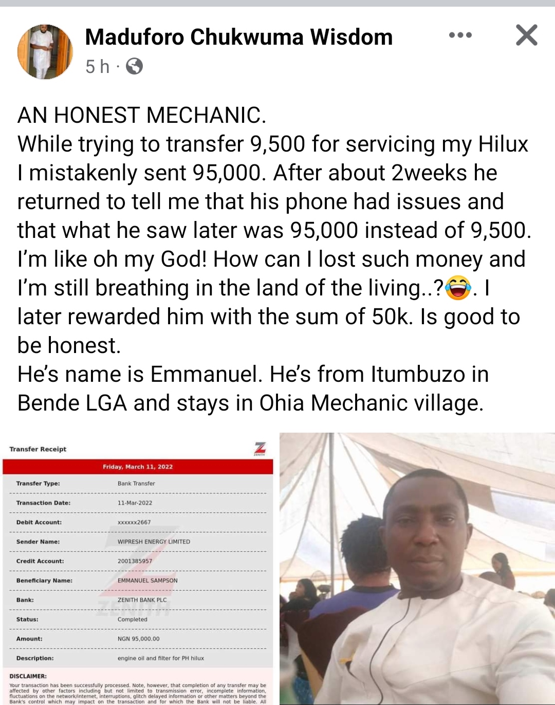 Abia Mechanic Returns N95K Credited To Him In Error, Gets N50K Reward