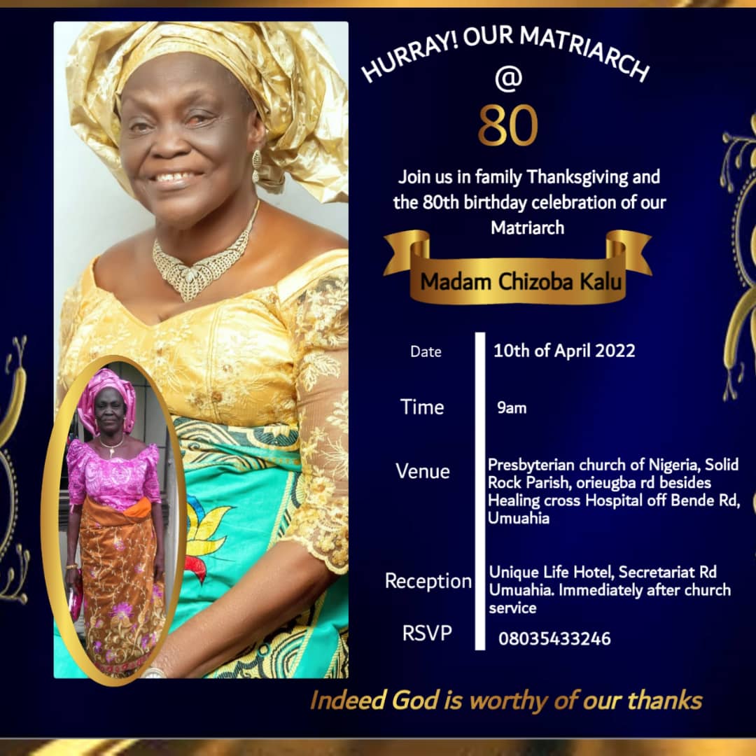 Madam Chizoba Kalu Marks 80th Birthday With Thanksgiving On Sunday In Umuahia