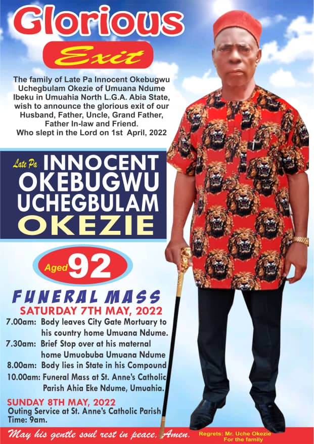 Late Pa Innocent Uchegbulam Okezie Set For Burial In Umuahia Saturday