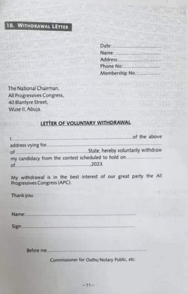2023: Crisis Looms As APC Includes Withdrawal Letter In Presidential Form [PHOTO]