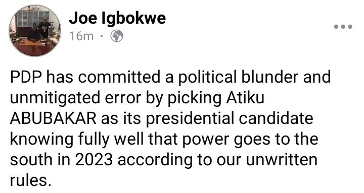 PDP Committed A Political Blunder, Error By Picking Atiku - Joe Igbokwe