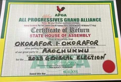 Abia: APGA Issues Prince Ike Okorafor Certificate Of Return For Arochukwu State Constituency