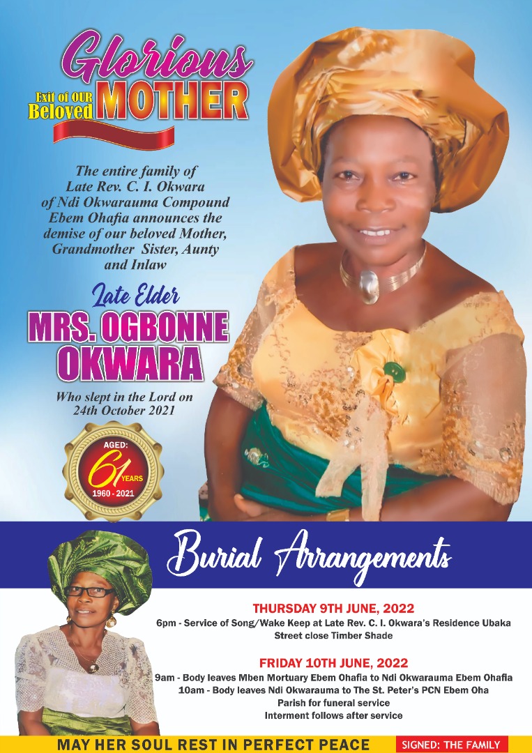 61-Year-Old Elder Mrs. Ogbonne Okwara Set For Burial In Ohafia June 10 (SEE POSTER)