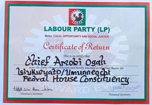 Labour Party Issues Amobi Ogah Certificate Of Return