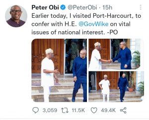 2023 Presidency: Peter Obi reveals real reason for visiting Wike