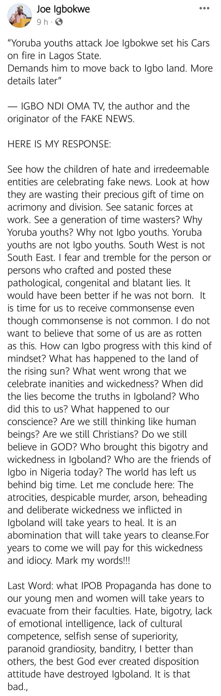 For Years To Come, Igbos Will Pay For Their Wickedness And Idiocy, Just Mark My Word - Joe Igbokwe