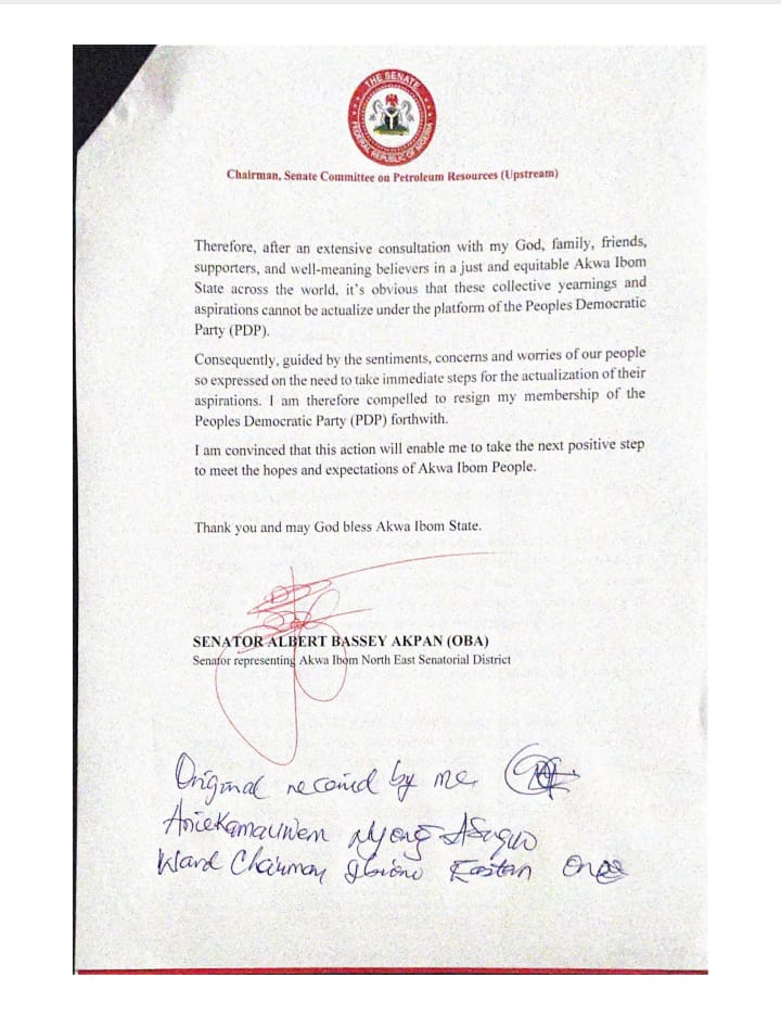 Senator Albert Bassey Akpan Dumps PDP [See Documents]