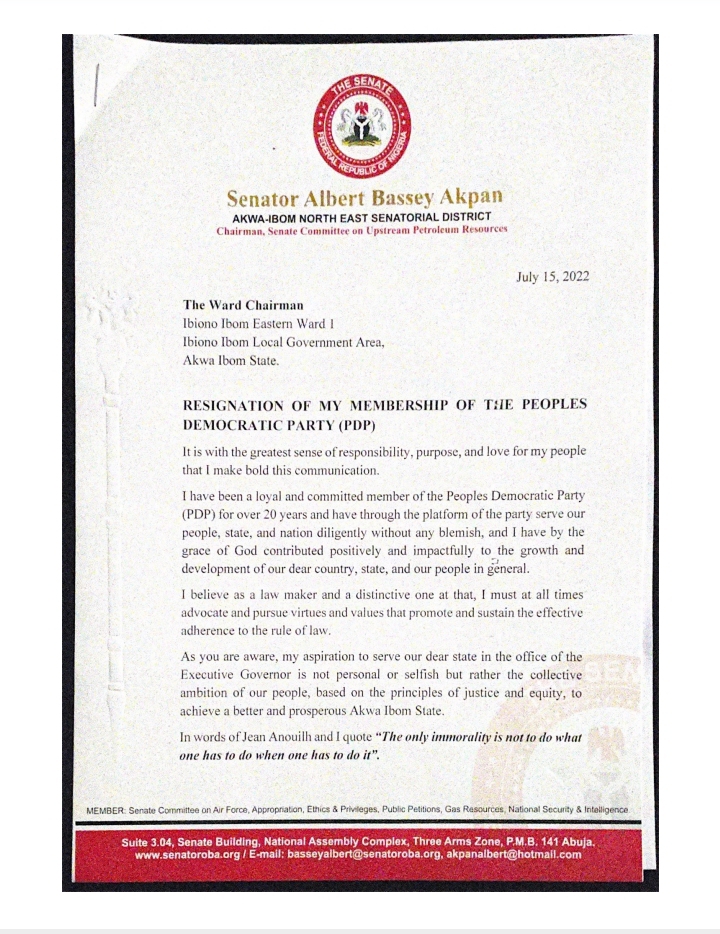 Senator Albert Bassey Akpan Dumps PDP [See Documents]