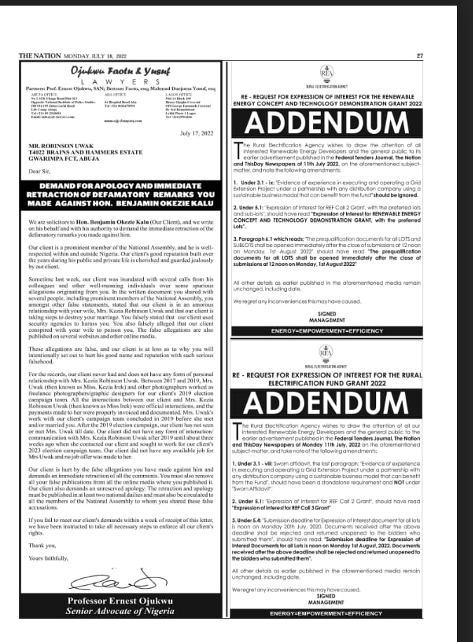 Apologise In 7 Days Or Face Legal Action Over Defamation, Rep. Ben Kalu Tells Uwak [Documents Attached]