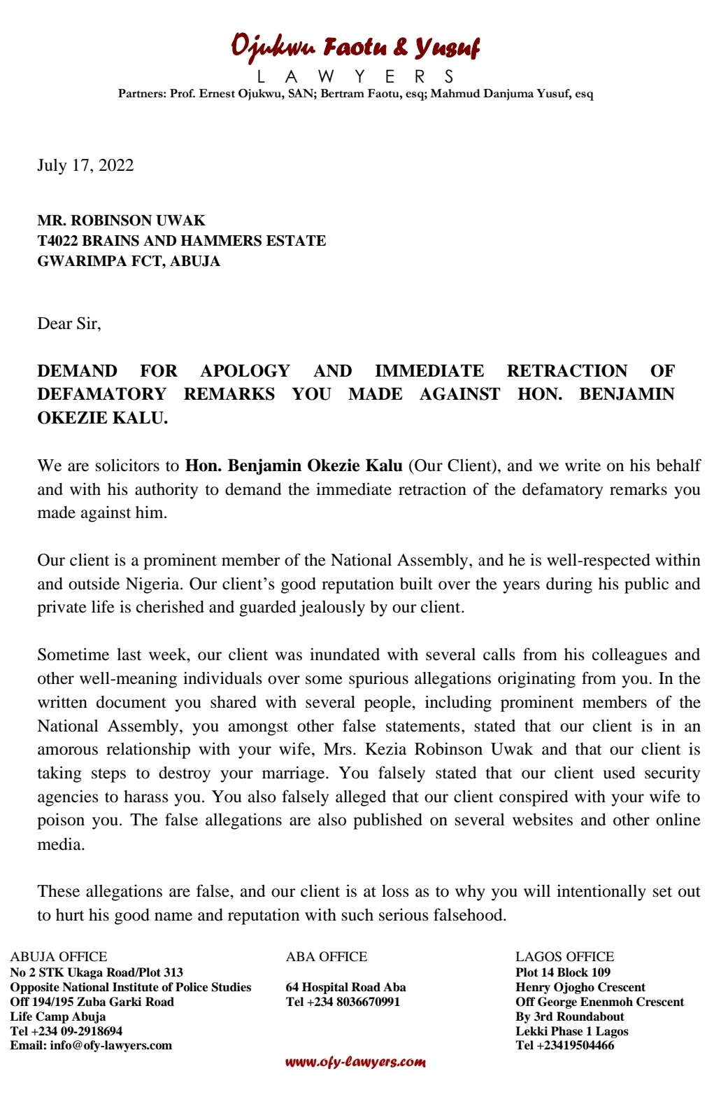 Apologise In 7 Days Or Face Legal Action Over Defamation, Rep. Ben Kalu Tells Uwak [Documents Attached]