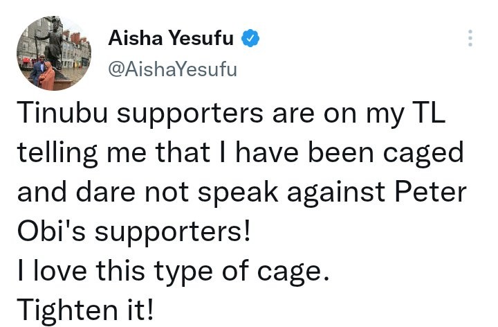 Aisha Yesufu Reveals What Tinubu Supporters Her About Peter Obi's Supporters