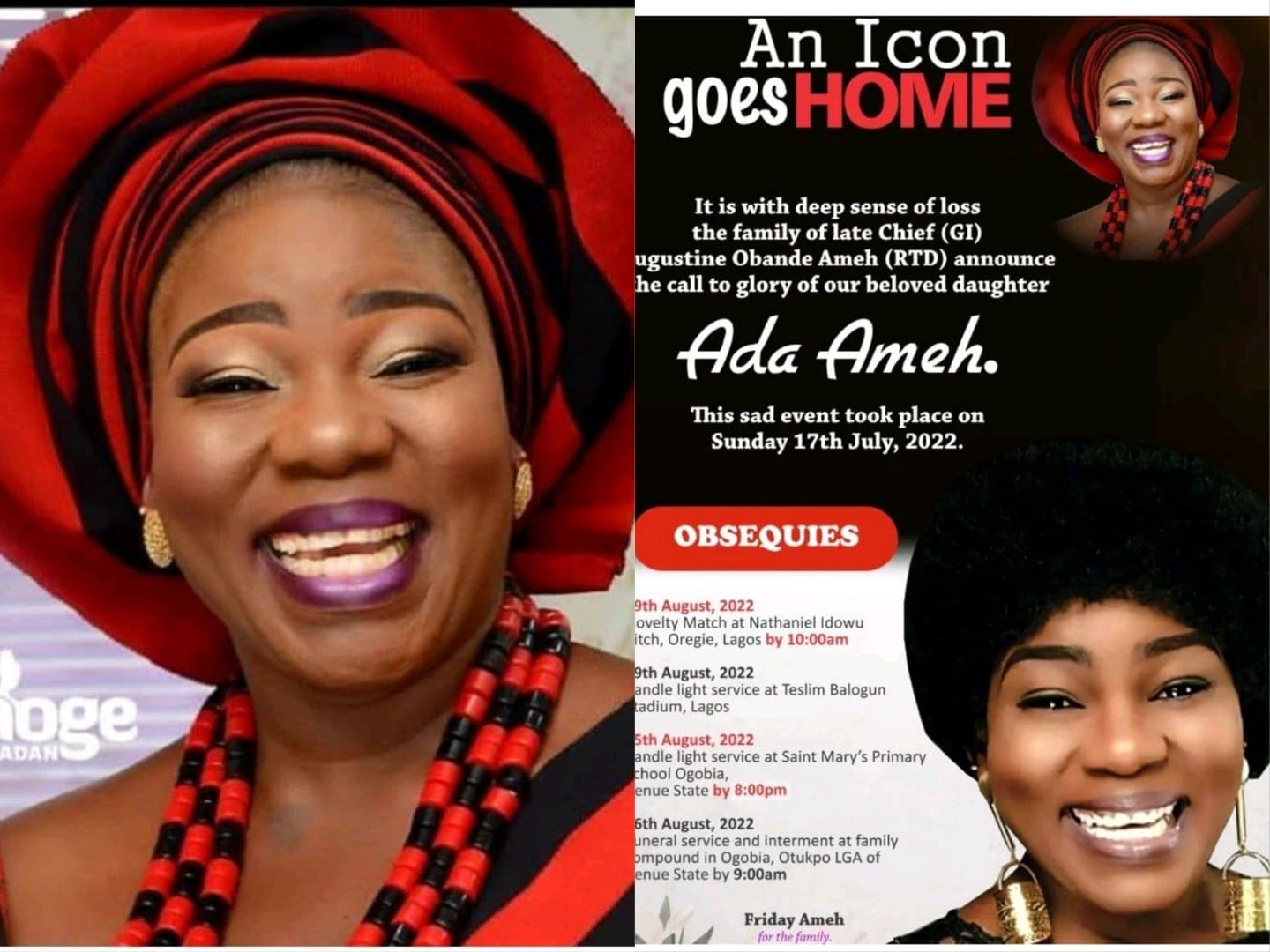 Actress Ada Ameh Set For Burial In Benue [See Poster]