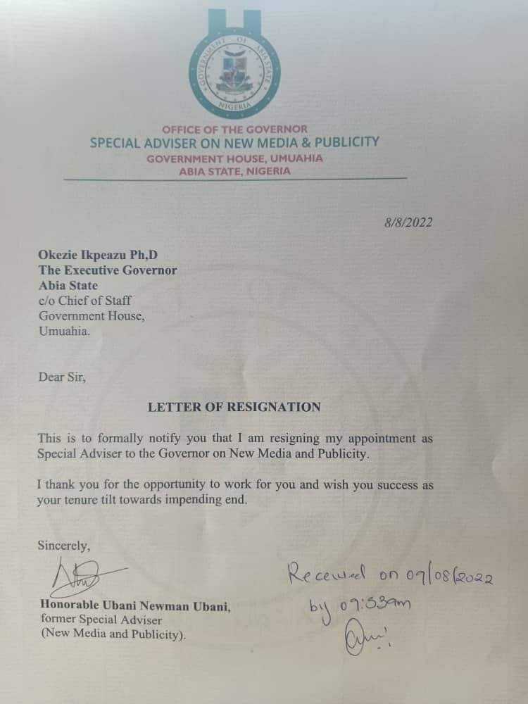 Governor Ikpeazu's Adviser On New Media Resigns [Document Attached]
