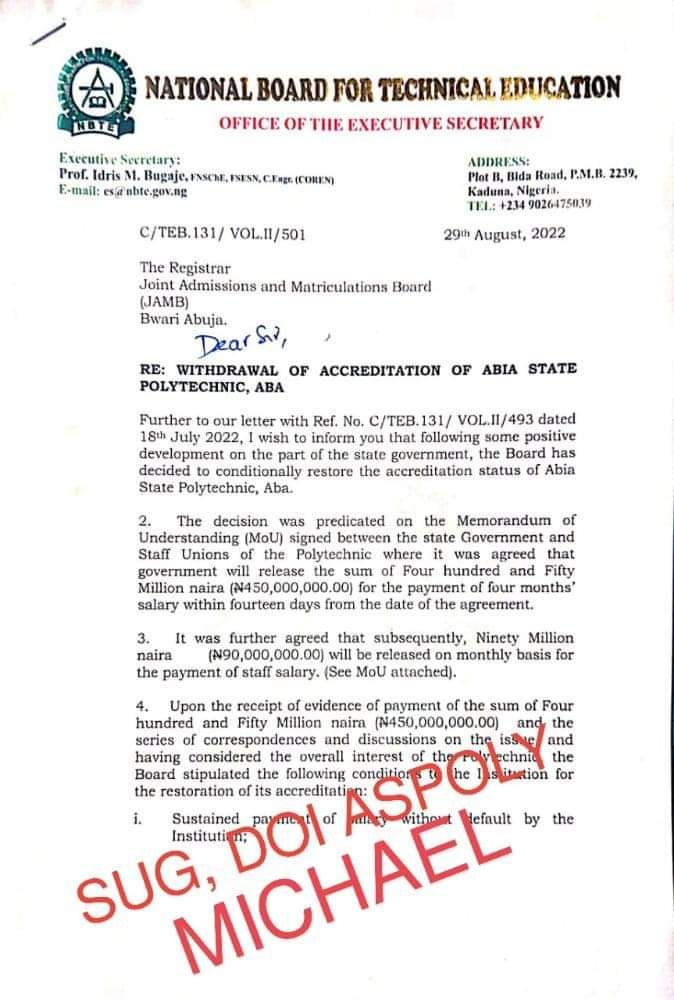 NBTE Notifies JAMB On Abia Polytechnic Accreditation Restoration