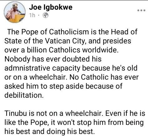No Catholic Has Ever Asked Pope Of Vatican City To Step Aside Because Of His Debilitation - Joe Igbokwe