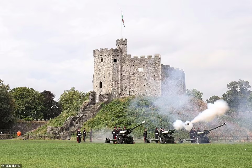 A gun salute is fired during the proclamation ceremony for King Charles in Cardiff, Wales