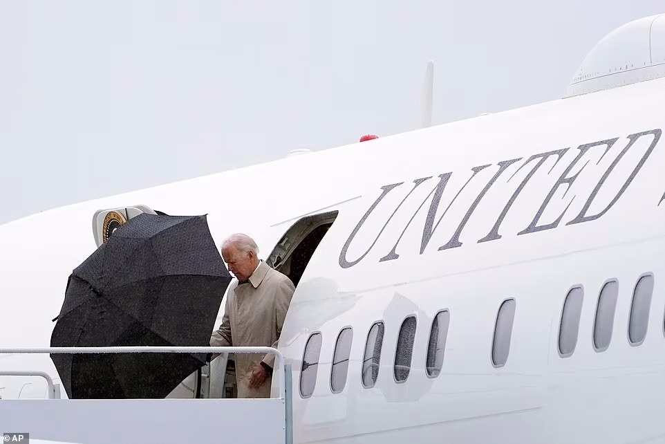 The president arrived to a downpour as he departed his weekend at his home in Wilmington, Delaware earlier than usual to participate in a wreath laying and deliver remarks at the Pentagon on the 21st anniversary of the attacks