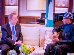 Photos: Buhari meets former UN Secretary General, Ban Ki-Moon In South Korea