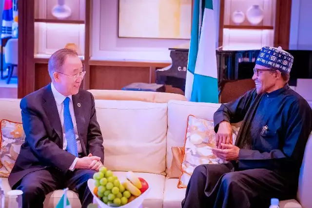 Photos: Buhari meets former UN Secretary General, Ban Ki-Moon In South Korea