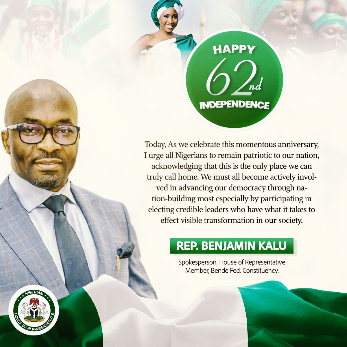 Rep. Benjamin Kalu Greets Nigerians At Independence, Urges Political Participation