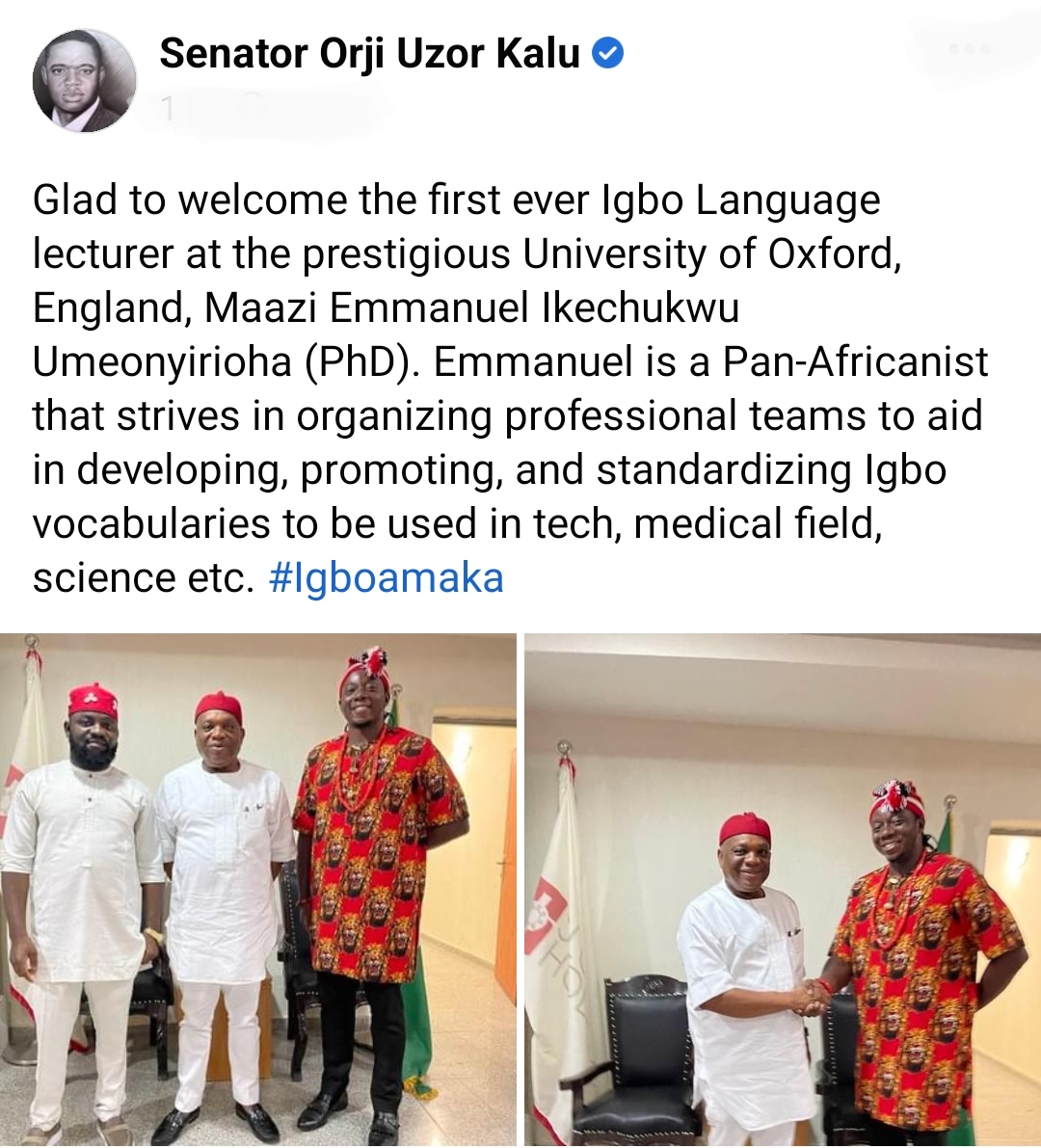 Sen. Kalu Receives Dr. Umeonyirioha, First Igbo Language Lecturer In Oxford University
