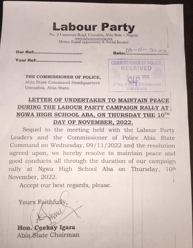 Abia Labour Party Signs Undertaking To Maintain Peace During Rally Aba [DOCUMENT ATTACHED]