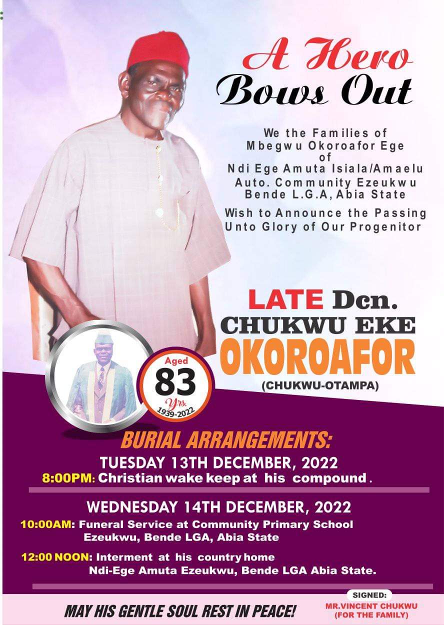 83-Year-Old Deacon Chukwu Okoroafor For Burial In Bende Dec. 14 [SEE POSTER]