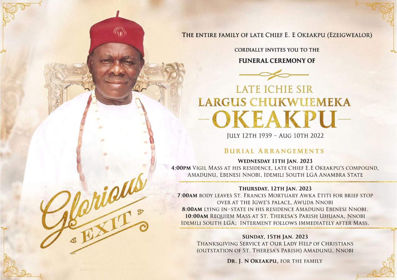 83-Year-Old Sir Largus Okeakpu For Burial Jan 12 In Anambra [SEE POSTER]