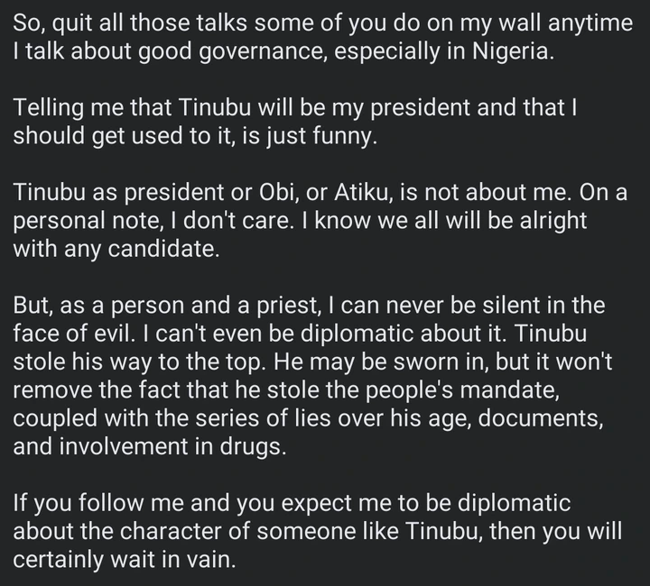 I Can't Be Silent In The Face Of Evil, Tinubu Stole People's Mandate, He Can't Be My President - Fr Kelvin Ugwu
