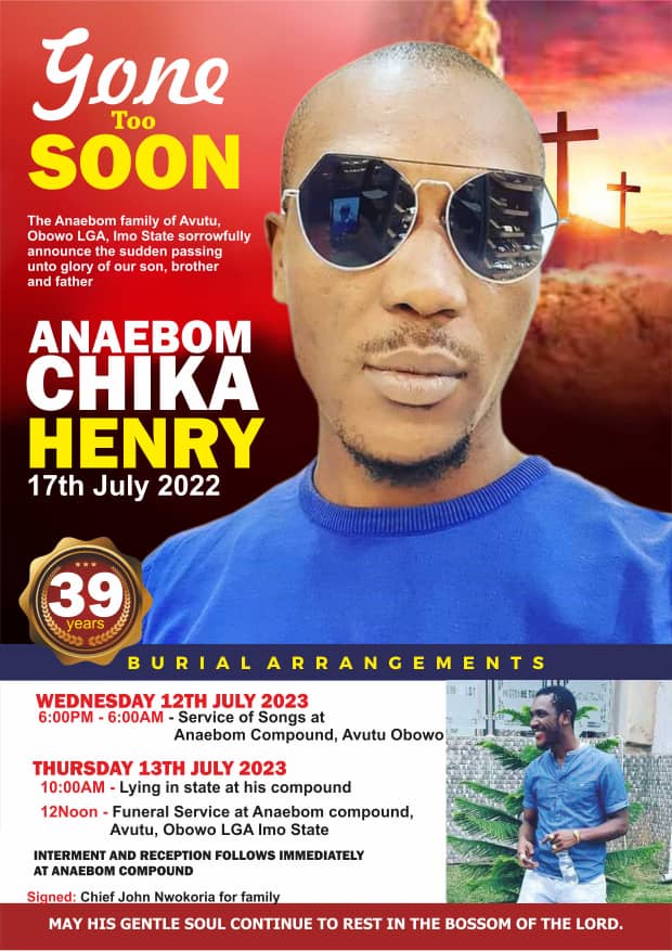 39-Year-Old Chika Anaebom Killed In Thailand Set For Burial In Imo (See Poster)