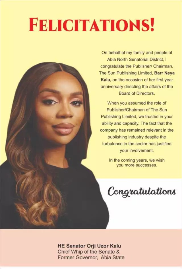 Sen. Kalu Hails Daughter, Neya On First Anniversary As Chairman Sun Publishing Sen. Kalu Hails Daughter, Neya On First Anniversary As Chairman Sun Publishing