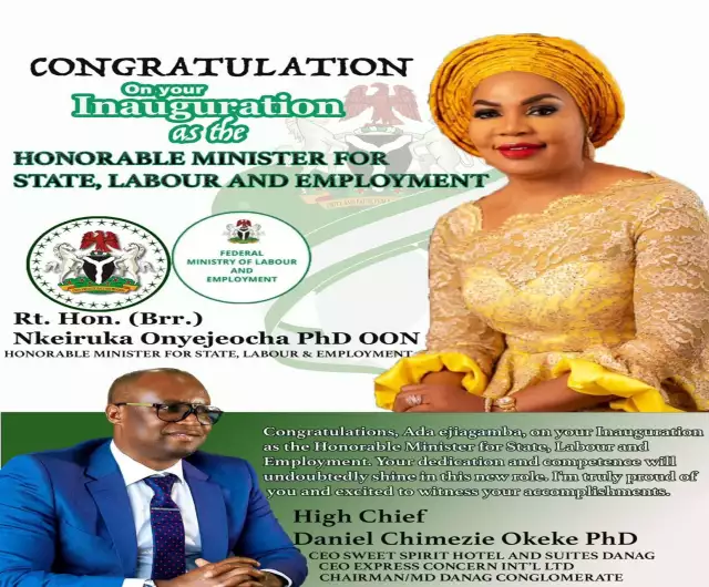 Chief Daniel Okeke Salutes Hon. Onyejeocha On Inauguration As Minister Of Fed. Republic Chief Daniel Okeke Salutes Hon. Onyejeocha On Inauguration As Minister Of Fed. Republic
