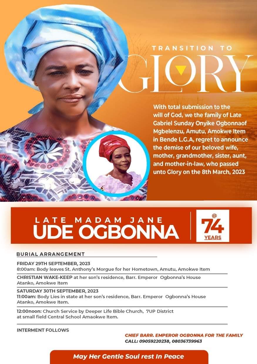 74-Year-Old Jane Ogbonna Set For Burial In Bende (See Poster)