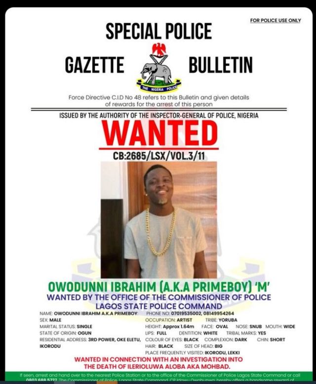 MohBad: Police Place N1m Bounty On Primeboy, Seek Useful Information